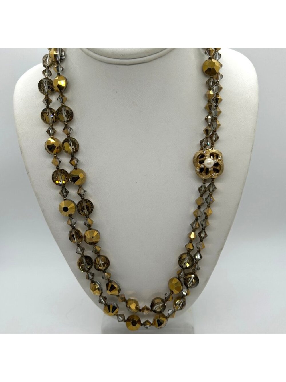 Vintage Glass Bead Necklace Double Strand Faceted Gold Foil With Box Clasp